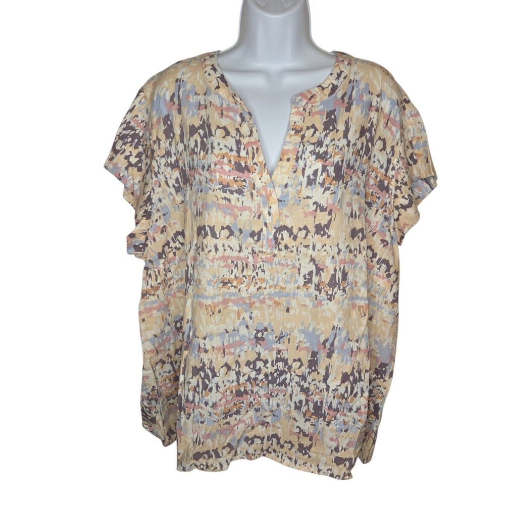 Rose & Thyme Womens 2X Linen Blend Abstract Print Split Neck Flutter Sleeve Top